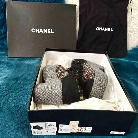 CHANEL 2013 platform plaid tweed loafers / shoes Luxury size EU 38 / US 7.5 - Picture 11 of 17